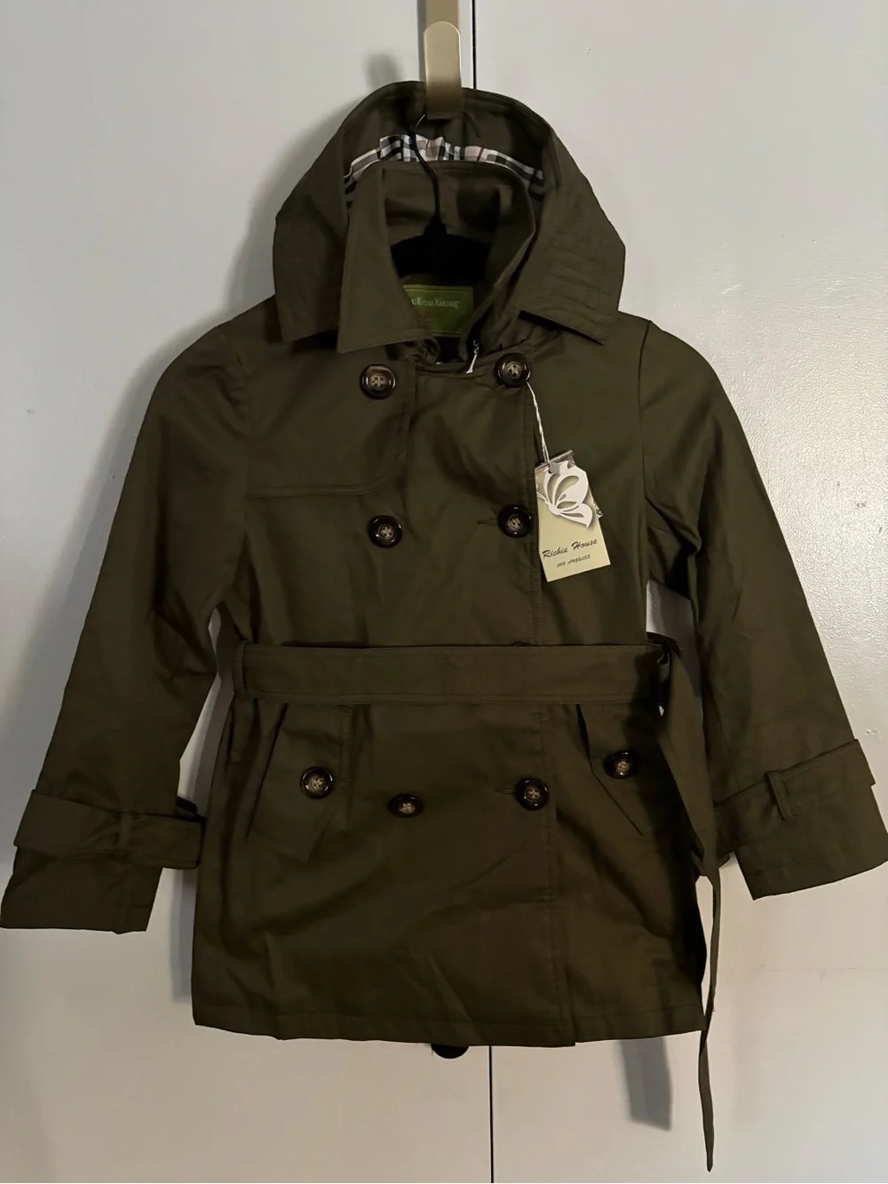 Children's Double-Breasted Pea Coat in Olive Green with Hood
